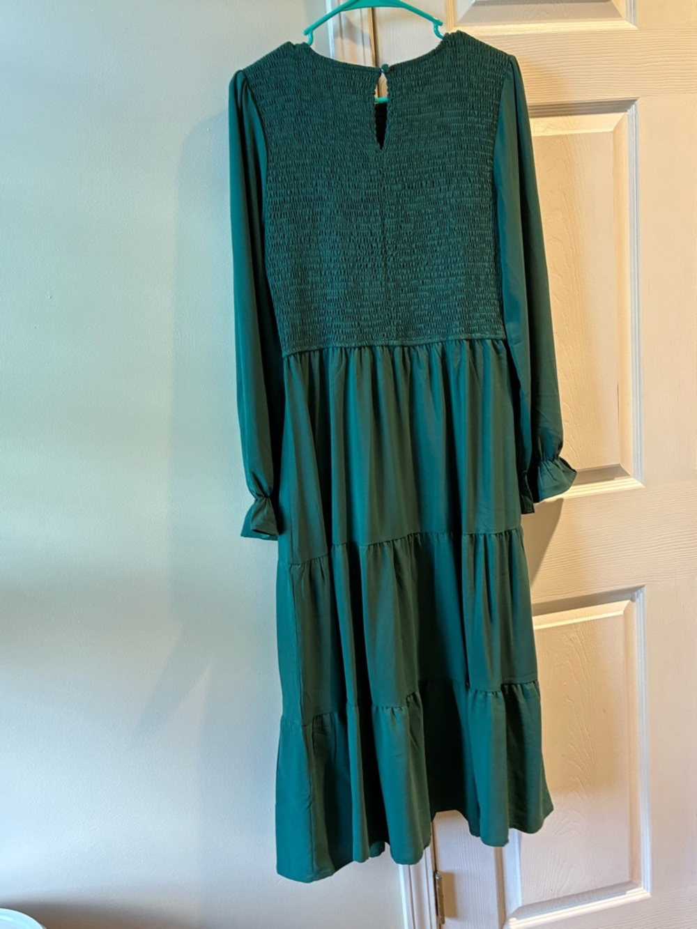 Smocked Bodice Long Sleeve Teal Tiered Midi Dress - Picture 2 of 3